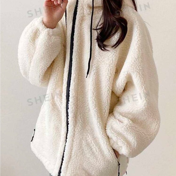 Shein DAZY Contrast Trim Raglan Sleeve Drawstring Hooded Teddy Coat - Picture 3 of 3